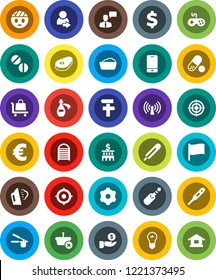 White Solid Icon Set- steaming vector, foam basin, washboard, cook press, steak, flag, investment, bank building, target, euro sign, dollar, pills, gamepad, mobile phone, speaking man, jack, potion