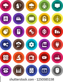 White Solid Icon Set- steaming vector, washer, microscope, table lamp, heart monitor, sorting, satellitie, equalizer, video camera, classic phone, social media, rca, cloud network, glass, server, tv