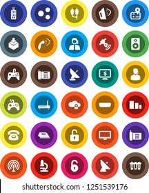 White Solid Icon Set- steaming vector, microscope, monitor dollar, navigator, phone, support, package, sorting, satellite antenna, satellitie, gamepad, remote control, speaker, rca, hdmi, cloud lock