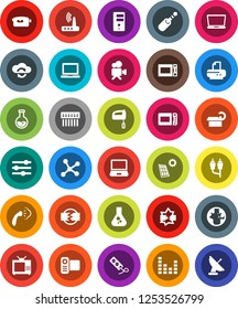 White Solid Icon Set- steaming vector, microwave oven, notebook pc, world, flask, equalizer, video camera, rca, jack, tomography, network, disconnection, cloud exchange, server, hub, router, tv