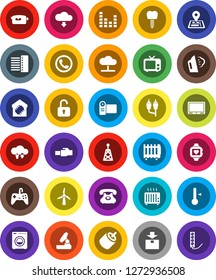 White Solid Icon Set- steaming vector, thermometer, microscope, heart monitor, navigator, phone, package, antenna, tv, equalizer, video camera, rca, tooth implant, cloud network, exchange, hub