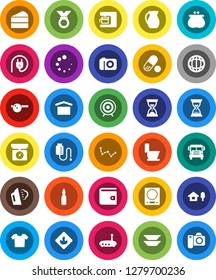 White Solid Icon Set- steaming vector, toilet, plates, jug, cake, oil, school bus, world, constellation, wallet, sand clock, target, medal, pills, dry cargo, flammable, eye doctor hat, drop counter