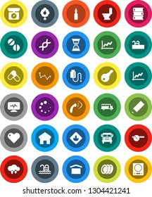 White Solid Icon Set- steaming vector, toilet, plates, oil, book, pencil, school bus, constellation, graph, sand clock, pills, pool, dry cargo, flammable, heart, dna, eye doctor hat, drop counter