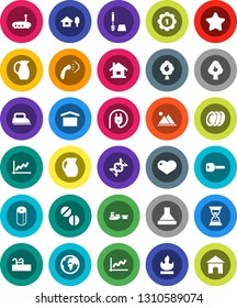 White Solid Icon Set- steaming vector, toilet brush, paper, plates, jug, graph, sand clock, medal, earth, port, dry cargo, flammable, heart, dna, pills, router, key, house, chalet, pool, fruit tree