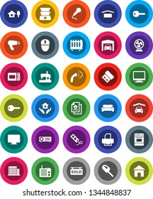 White Solid Icon Set- steaming vector, house hold, oven, dry cargo, key, chalet, garage, estate document, sold signboard, apartments, cushioned furniture, microwave, monitor, vacuum cleaner, fan