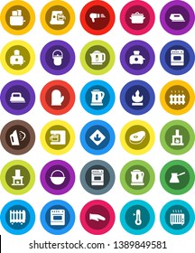 White Solid Icon Set- steaming vector, pan, camping cauldron, kettle, cook glove, turk coffee, toaster, oven, thermometer, steak, flammable, fireplace, heating, iron, maker, hair dryer, heater