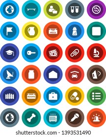 White Solid Icon Set- steaming vector, hand mill, jug, jar, graduate hat, case, microscope, world, flag, skateboard, pills, bone, earth, money, microphone, mail, stop button, vial, microbs, key