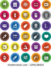 White Solid Icon Set- steaming vector, mixer, microwave oven, heart monitor, navigator, sorting, antenna, settings, remote control, classic phone, hdmi, jack, microscope, network server, browser