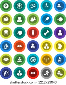 White Solid Icon Set- student vector, manager, man, muscule hand, buttocks, stairways run, bone, client, group, disabled, eye, pregnancy, insemination, chromosomes, sperm, ovule, tooth, user, login