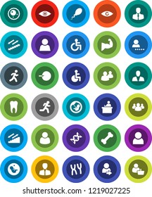 White Solid Icon Set- student vector, manager, muscule hand, stairways run, bone, client, group, disabled, eye, dna, pregnancy, insemination, chromosomes, sperm, ovule, tooth, user, login, consumer