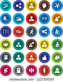 White Solid Icon Set- student vector, manager, man, horizontal bar, stairways run, client, speaking, social media, group, doctor, gender sign, head bandage, medical room, share, login, consumer