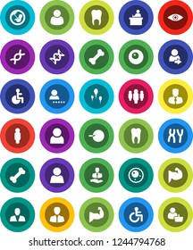 White Solid Icon Set- student vector, manager, man, muscule hand, bone, client, disabled, eye, dna, pregnancy, insemination, chromosomes, sperm, ovule, tooth, user, login, consumer, customer