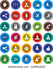 White Solid Icon Set- student vector, manager, man, horizontal bar, stairways run, client, speaking, social media, group, doctor, gender sign, head bandage, medical room, share, login, consumer