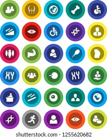 White Solid Icon Set- student vector, manager, man, muscule hand, buttocks, stairways run, bone, client, group, disabled, eye, dna, pregnancy, insemination, chromosomes, sperm, ovule, user, login