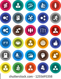 White Solid Icon Set- student vector, manager, man, horizontal bar, stairways run, client, speaking, social media, group, doctor, gender sign, head bandage, medical room, share, login, consumer