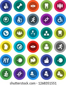 White Solid Icon Set- student vector, man, muscule hand, buttocks, bone, run, client, group, disabled, eye, dna, pregnancy, insemination, chromosomes, sperm, ovule, tooth, login, consumer, customer
