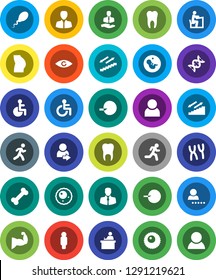 White Solid Icon Set- student vector, manager, man, muscule hand, buttocks, stairways run, bone, client, disabled, eye, dna, pregnancy, insemination, chromosomes, sperm, ovule, tooth, user, login