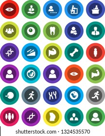 White Solid Icon Set- student vector, man, muscule hand, buttocks, stairways run, bone, client, group, eye, dna, pregnancy, insemination, chromosomes, ovule, tooth, user, login, consumer