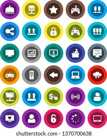White Solid Icon Set- student vector, notebook pc, laptop graph, monitor dollar, cursor, heart, support, top sign, gamepad, favorites, diagnostic, server, network folder, cloud exchange, share, user