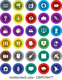 White Solid Icon Set- table lamp vector, monitor dollar, earth, satellite, radio, settings, tv, video camera, remote control, stop button, rca, jack, connection, disconnection, cloud exchange, iron