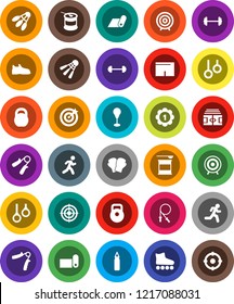 White Solid Icon Set- target vector, barbell, stadium, weight, jump rope, hand trainer, punching bag, snickers, boxing glove, shorts, roller Skates, medal, sports nutrition, fitness mat, shuttlecock