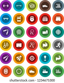 White Solid Icon Set- target vector, barbell, stadium, weight, jump rope, hand trainer, punching bag, muscule, snickers, shorts, skateboard, sports nutrition, fitness mat, shuttlecock, pool, hoop