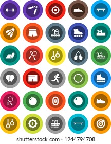 White Solid Icon Set- target vector, barbell, jump rope, hand trainer, fitball, snickers, boxing glove, shorts, roller Skates, skateboard, medal, fitness mat, shuttlecock, pool, hoop, gymnast rings