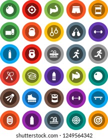White Solid Icon Set- target vector, barbell, weight, jump rope, punching bag, fitball, muscule hand, boxing glove, shorts, roller Skates, skateboard, sports nutrition, water bottle, fitness mat
