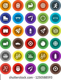 White Solid Icon Set- target vector, weight, jump rope, hand trainer, fitball, muscule, snickers, shorts, roller Skates, skateboard, water bottle, fitness mat, shuttlecock, pool, hoop, gymnast rings