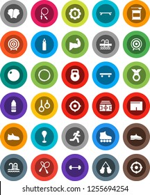White Solid Icon Set- target vector, barbell, stadium, weight, jump rope, punching bag, fitball, muscule hand, snickers, boxing glove, shorts, roller Skates, skateboard, medal, sports nutrition, run