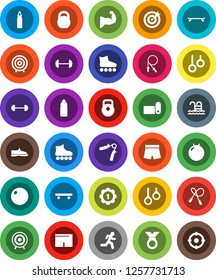 White Solid Icon Set- target vector, barbell, weight, jump rope, hand trainer, punching bag, fitball, muscule, snickers, shorts, roller Skates, skateboard, medal, water bottle, fitness mat, pool