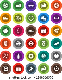 White Solid Icon Set- target vector, barbell, stadium, jump rope, fitball, muscule hand, snickers, boxing glove, shorts, roller Skates, medal, sports nutrition, water bottle, fitness mat, pool, hoop