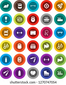 White Solid Icon Set- target vector, barbell, stadium, weight, jump rope, hand trainer, punching bag, muscule, boxing glove, shorts, roller Skates, skateboard, sports nutrition, water bottle, pool