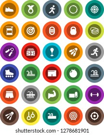 White Solid Icon Set- target vector, barbell, stadium, weight, hand trainer, punching bag, fitball, muscule, snickers, shorts, roller Skates, medal, sports nutrition, fitness mat, shuttlecock, pool