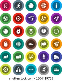 White Solid Icon Set- target vector, weight, jump rope, hand trainer, punching bag, fitball, muscule, snickers, boxing glove, roller Skates, skateboard, medal, water bottle, fitness mat, shuttlecock