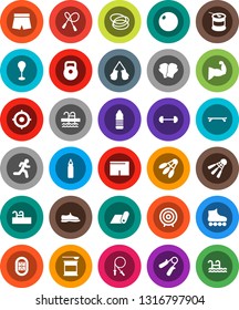 White Solid Icon Set- target vector, barbell, weight, jump rope, hand trainer, punching bag, fitball, muscule, snickers, boxing glove, shorts, roller Skates, skateboard, sports nutrition, pool, hoop
