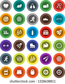 White Solid Icon Set- target vector, barbell, stadium, weight, jump rope, hand trainer, punching bag, muscule, snickers, boxing glove, shorts, roller Skates, skateboard, medal, sports nutrition, run