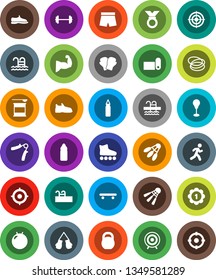 White Solid Icon Set- target vector, barbell, weight, hand trainer, punching bag, fitball, muscule, snickers, boxing glove, shorts, roller Skates, skateboard, medal, sports nutrition, water bottle