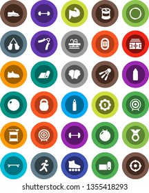 White Solid Icon Set- target vector, barbell, stadium, weight, hand trainer, punching bag, fitball, muscule, snickers, boxing glove, roller Skates, skateboard, medal, sports nutrition, water bottle