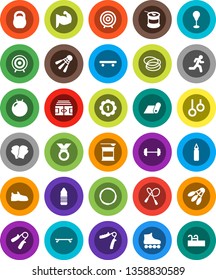 White Solid Icon Set- target vector, barbell, stadium, weight, jump rope, hand trainer, punching bag, fitball, muscule, snickers, boxing glove, roller Skates, skateboard, medal, sports nutrition