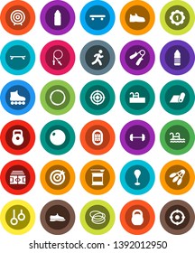 White Solid Icon Set- target vector, barbell, stadium, weight, jump rope, hand trainer, punching bag, fitball, snickers, roller Skates, skateboard, medal, sports nutrition, water bottle, fitness mat