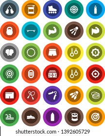 White Solid Icon Set- target vector, stadium, weight, jump rope, hand trainer, punching bag, muscule, snickers, boxing glove, shorts, roller Skates, skateboard, medal, sports nutrition, water bottle