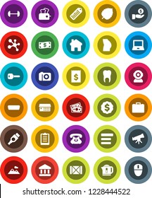 White Solid Icon Set- telescope vector, notebook pc, leaf, bank, case, investment, receipt, dollar medal, barbell, clipboard, buttocks, molecule, money, phone, wood box, barcode, hdmi, tooth, menu