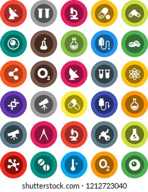 White Solid Icon Set- thermometer vector, drawing compass, atom, telescope, flask, pills, molecule, oxygen, satellite, antenna, vial, dna, microscope, drop counter, ovule