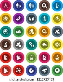 White Solid Icon Set- thermometer vector, drawing compass, atom, telescope, microscope, magnet, flask, pills, molecule, oxygen, satellite, antenna, vial, dna, drop counter, ovule