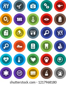 White Solid Icon Set- thermometer vector, pills vial, first aid kit, oxygen, ambulance star, disabled, heart pulse, cross, flask, eye, magnifier, scissors, doctor hat, microbs, chromosomes, bandage