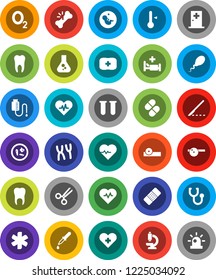 White Solid Icon Set- thermometer vector, flask, heart pulse, first aid kit, oxygen, ambulance star, cross, vial, pregnancy, dropper, scissors, scalpel, broken bone, patch, stethoscope, pills, sperm