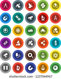 White Solid Icon Set- thermometer vector, drawing compass, atom, telescope, microscope, magnet, flask, pills, molecule, oxygen, satellite, antenna, vial, dna, drop counter, ovule