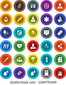 White Solid Icon Set- thermometer vector, flask, heart pulse, pills, molecule, ambulance star, disabled, doctor, vial, dna, pregnancy, crutches, scalpel, patch, blister, microbs, chromosomes, sperm