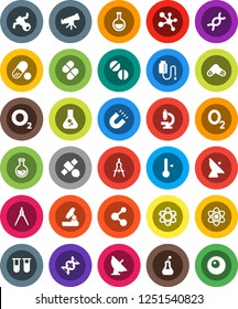 White Solid Icon Set- thermometer vector, drawing compass, atom, telescope, microscope, magnet, flask, pills, molecule, oxygen, satellite, antenna, vial, dna, drop counter, ovule